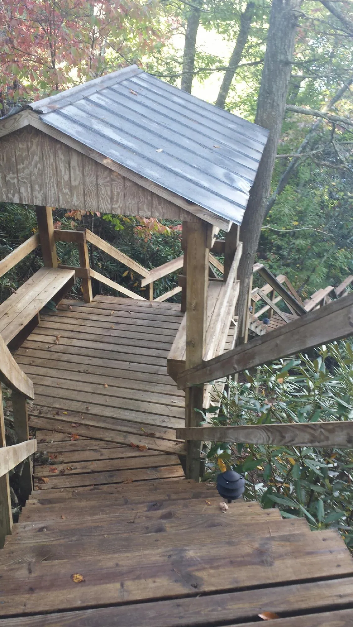 Metal roofed shelter over wooden steps on a wooded walkway — Skylight Repair & Installation work by our crew in Sikeston